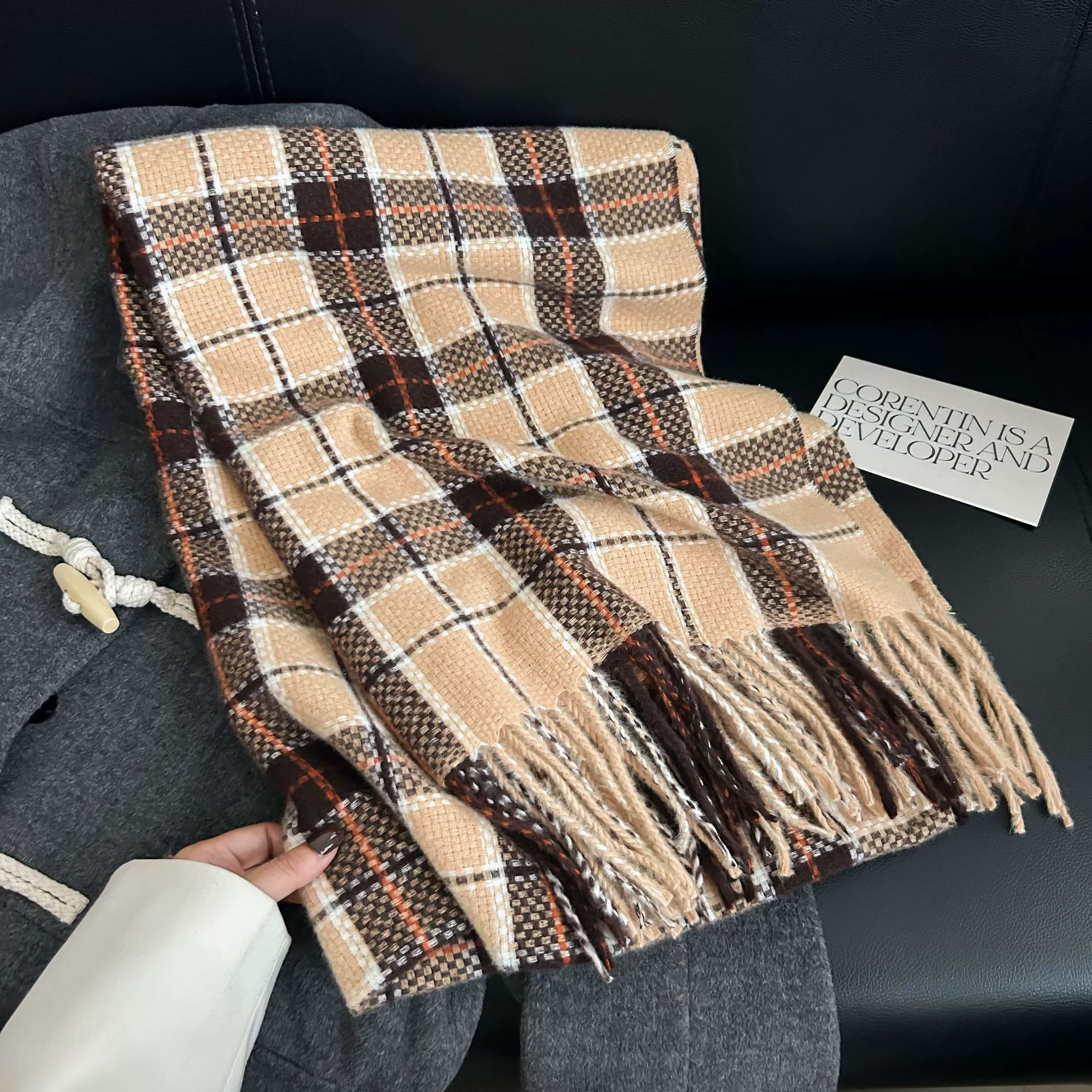 Faux Cashmere Woven Scarf with Fringe view 6