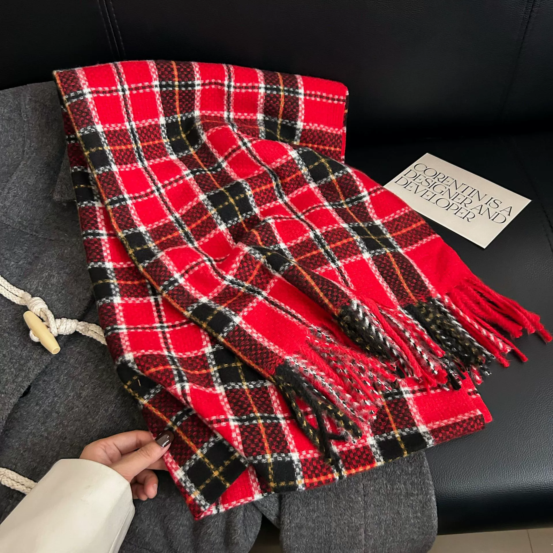 Faux Cashmere Woven Scarf with Fringe view 7