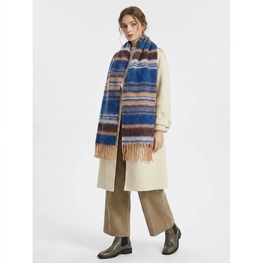 Polyester Stripe Scarf with Fringe