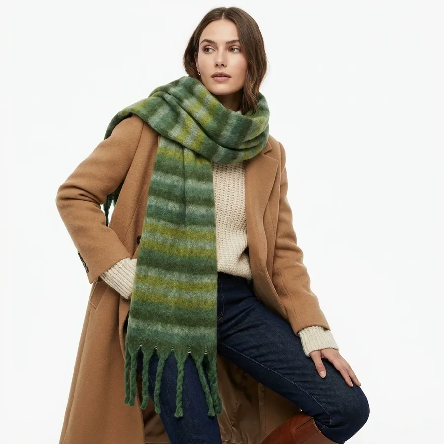 Polyester Mohair Stripe Scarf with Fringe