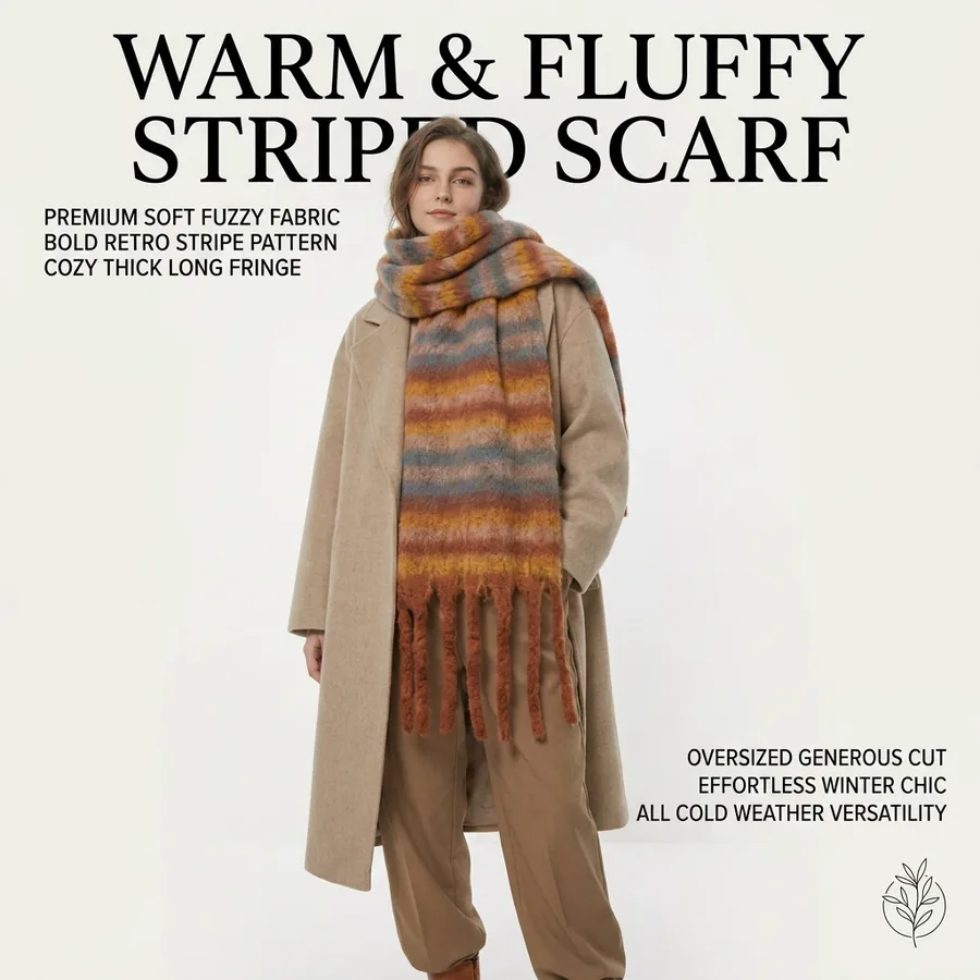 Polyester Mohair Stripe Scarf with Fringe view 2