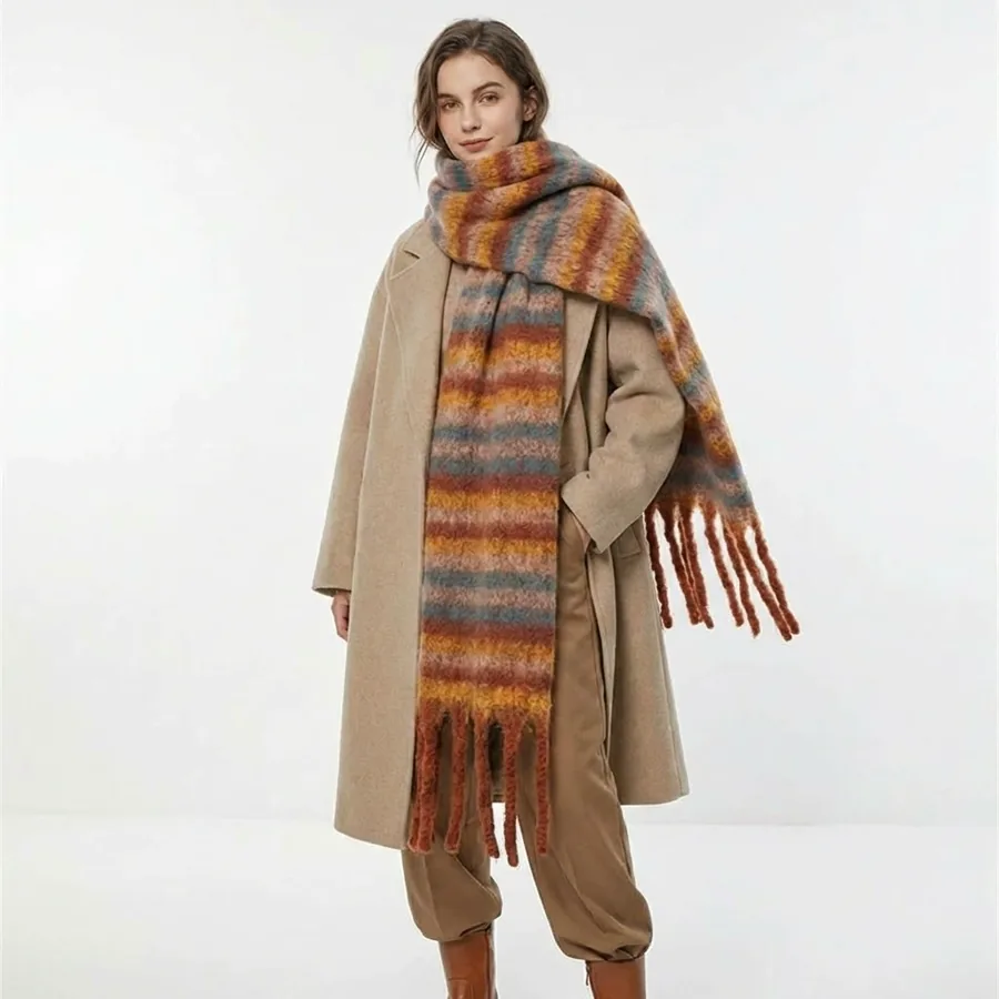 Polyester Mohair Stripe Scarf with Fringe view 3