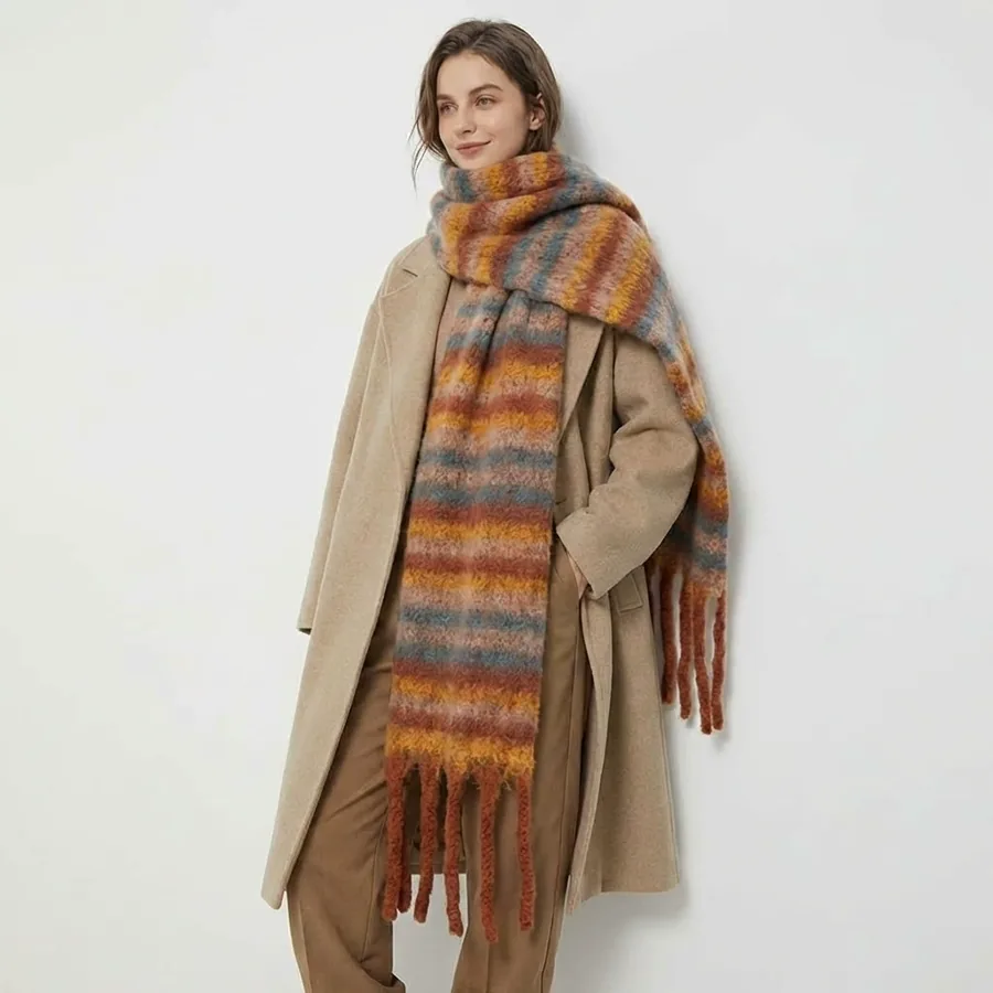 Polyester Mohair Stripe Scarf with Fringe view 4