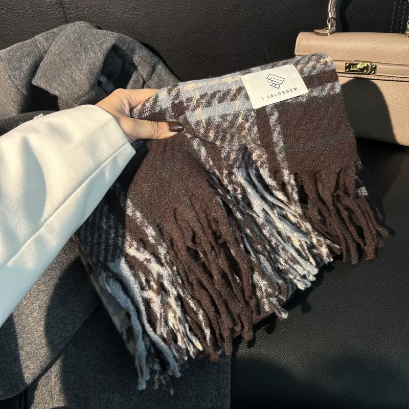 Faux Cashmere Plaid Scarf with Fringe