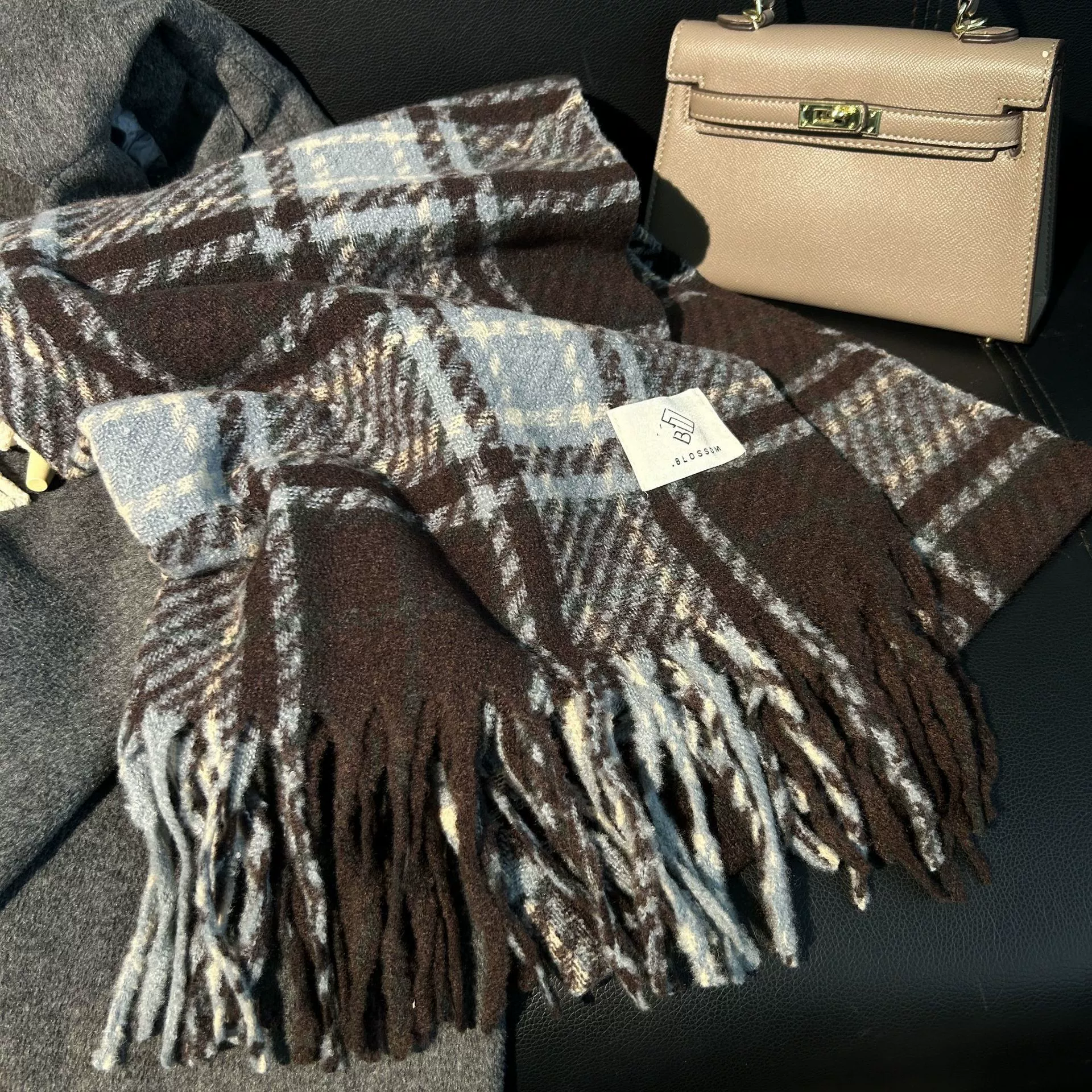 Faux Cashmere Plaid Scarf with Fringe view 2