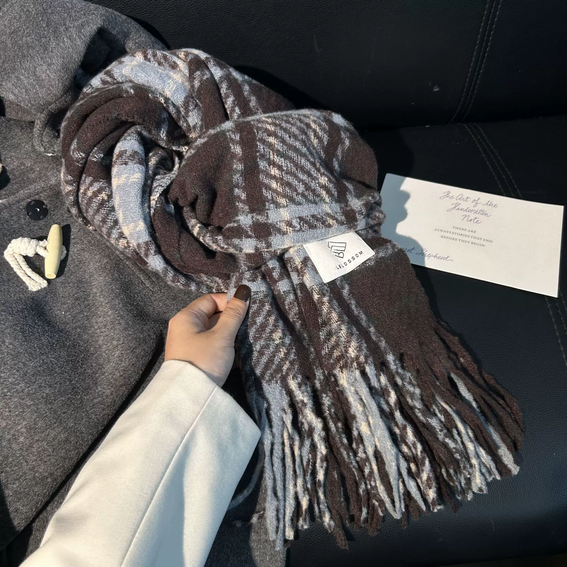 Faux Cashmere Plaid Scarf with Fringe view 3