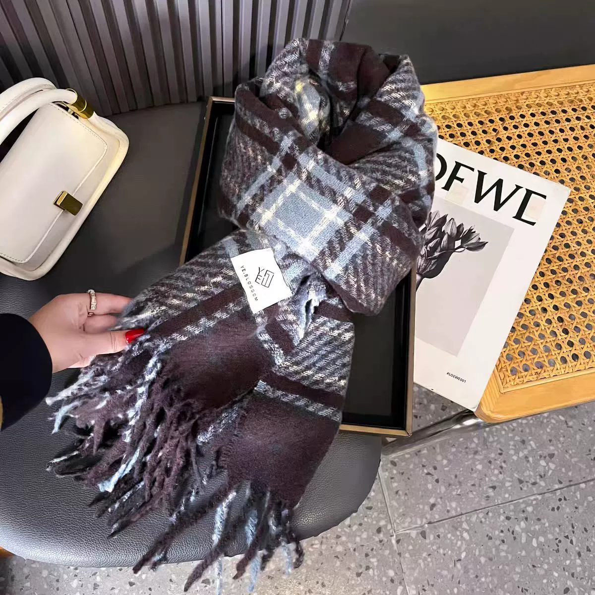 Faux Cashmere Plaid Scarf with Fringe view 4