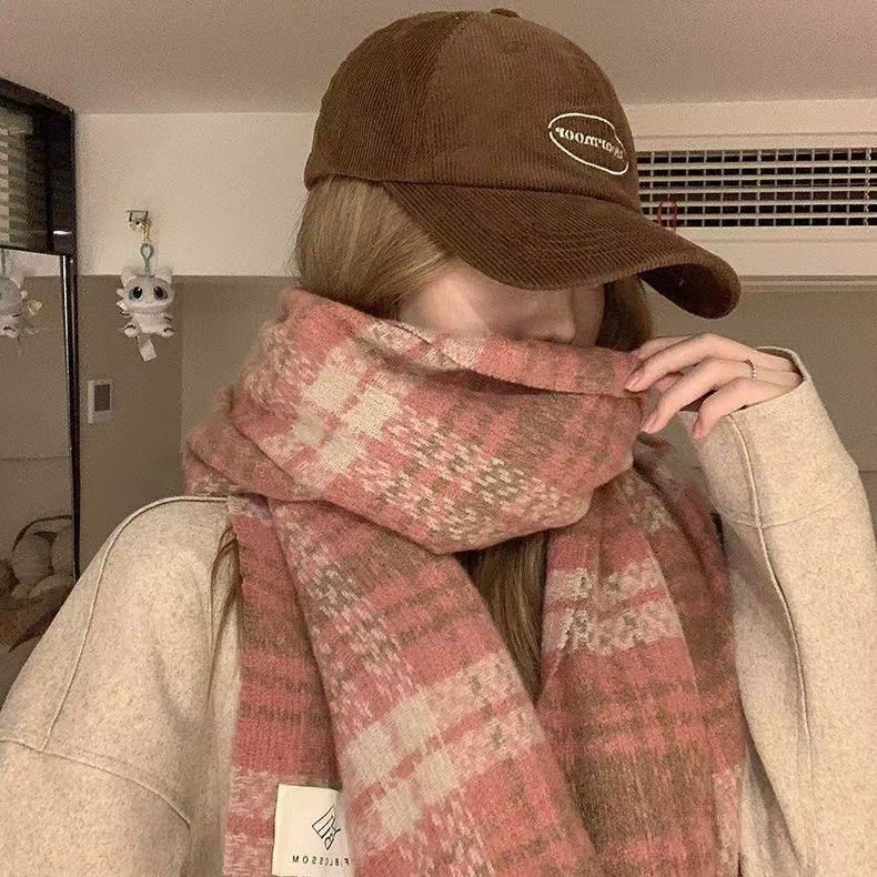 Rose Pink Plaid Faux Cashmere Scarf