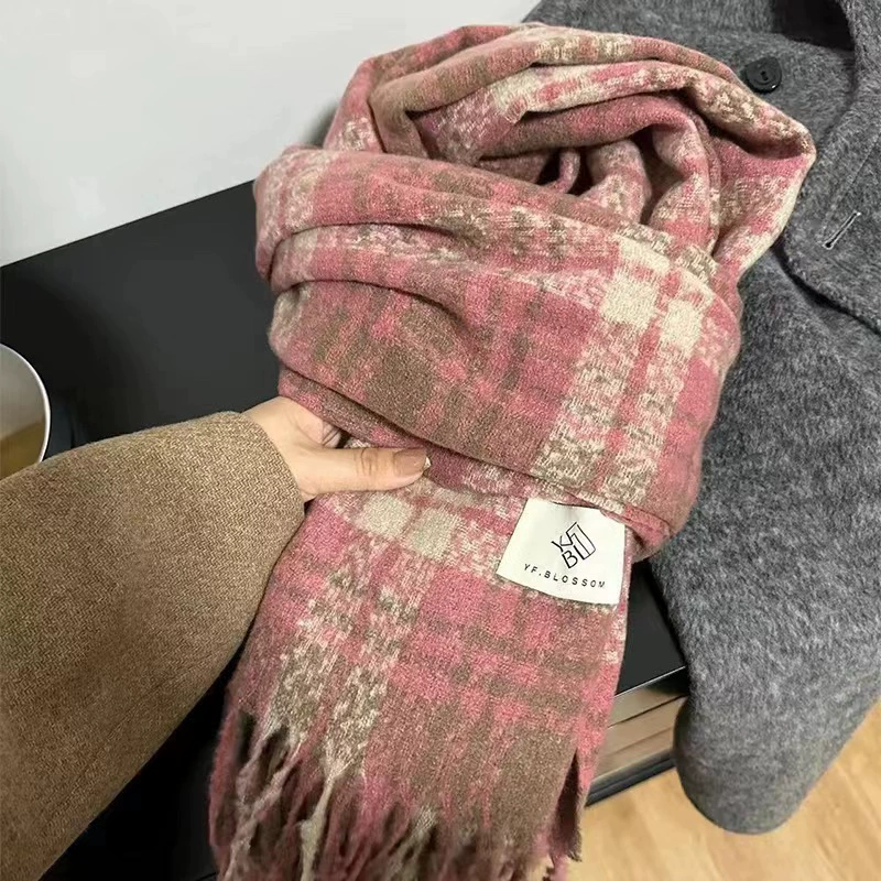 Rose Pink Plaid Faux Cashmere Scarf view 2