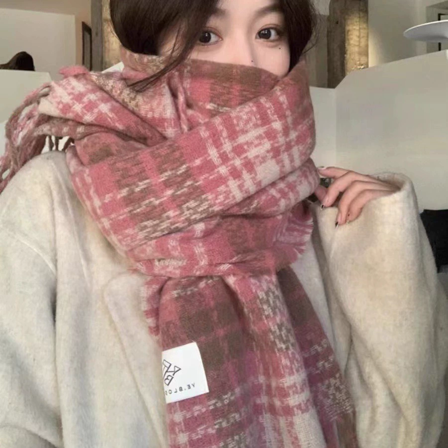 Rose Pink Plaid Faux Cashmere Scarf view 3