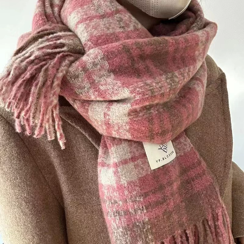 Rose Pink Plaid Faux Cashmere Scarf view 6