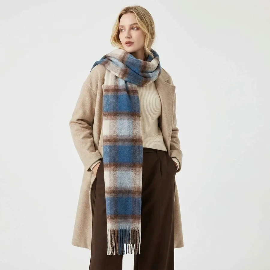 Polyester Plaid Scarf with Fringe