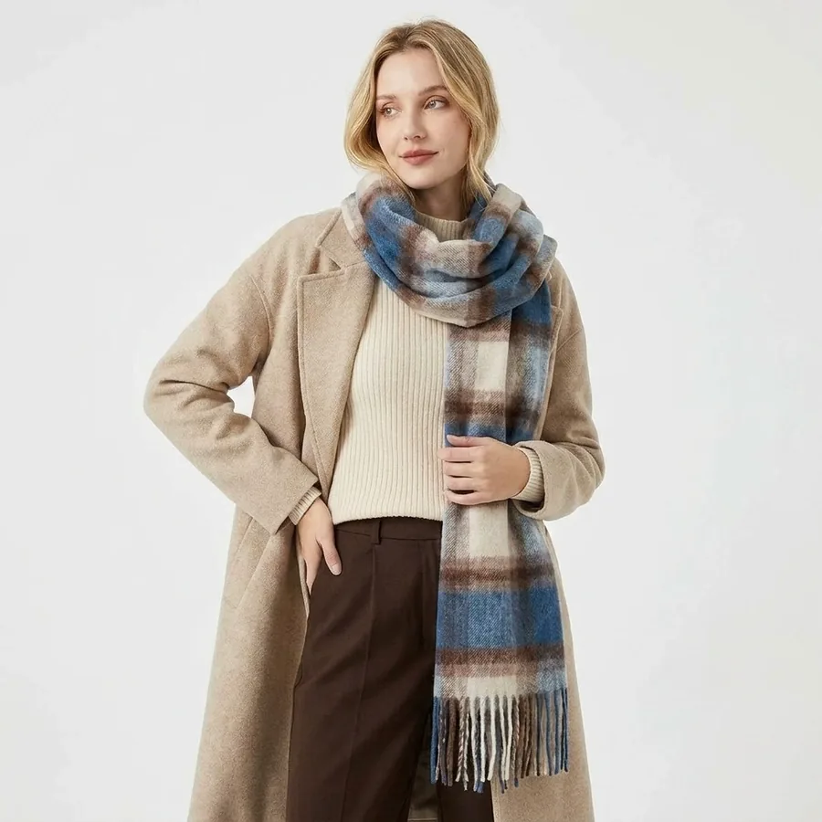 Polyester Plaid Scarf with Fringe view 3