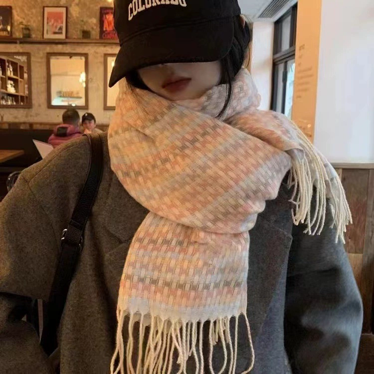 Plaid Faux Cashmere Scarf with Fringe