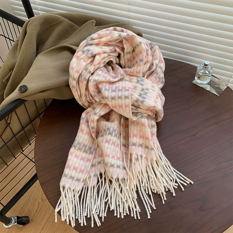 Plaid Faux Cashmere Scarf with Fringe view 6