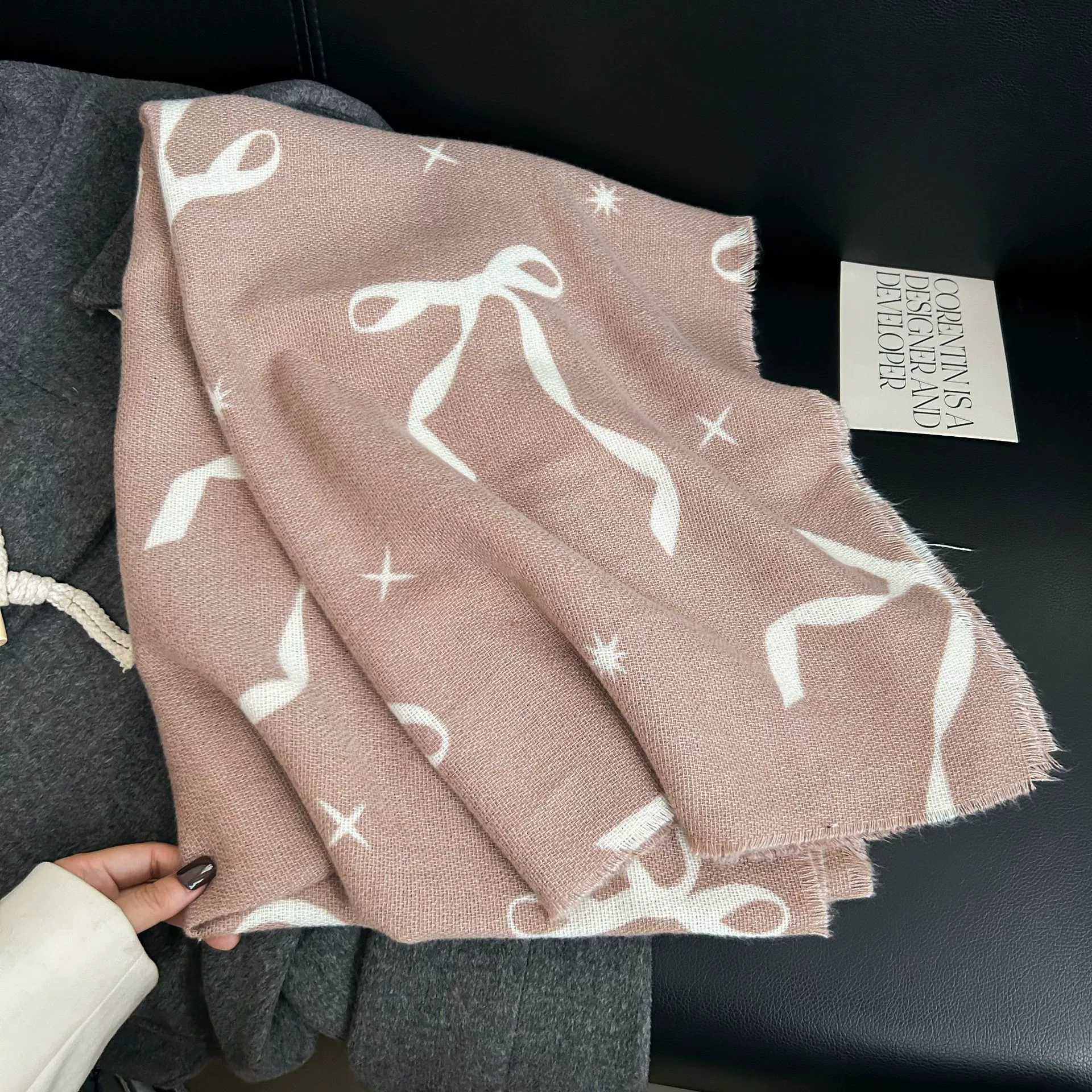 Faux Cashmere Scarf with Bow Print view 3