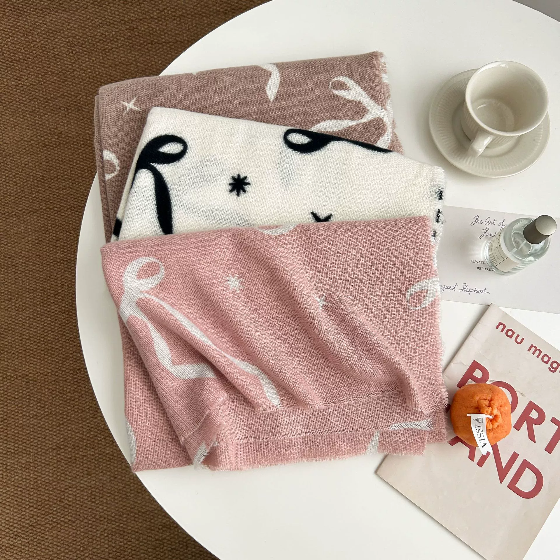 Faux Cashmere Scarf with Bow Print view 4