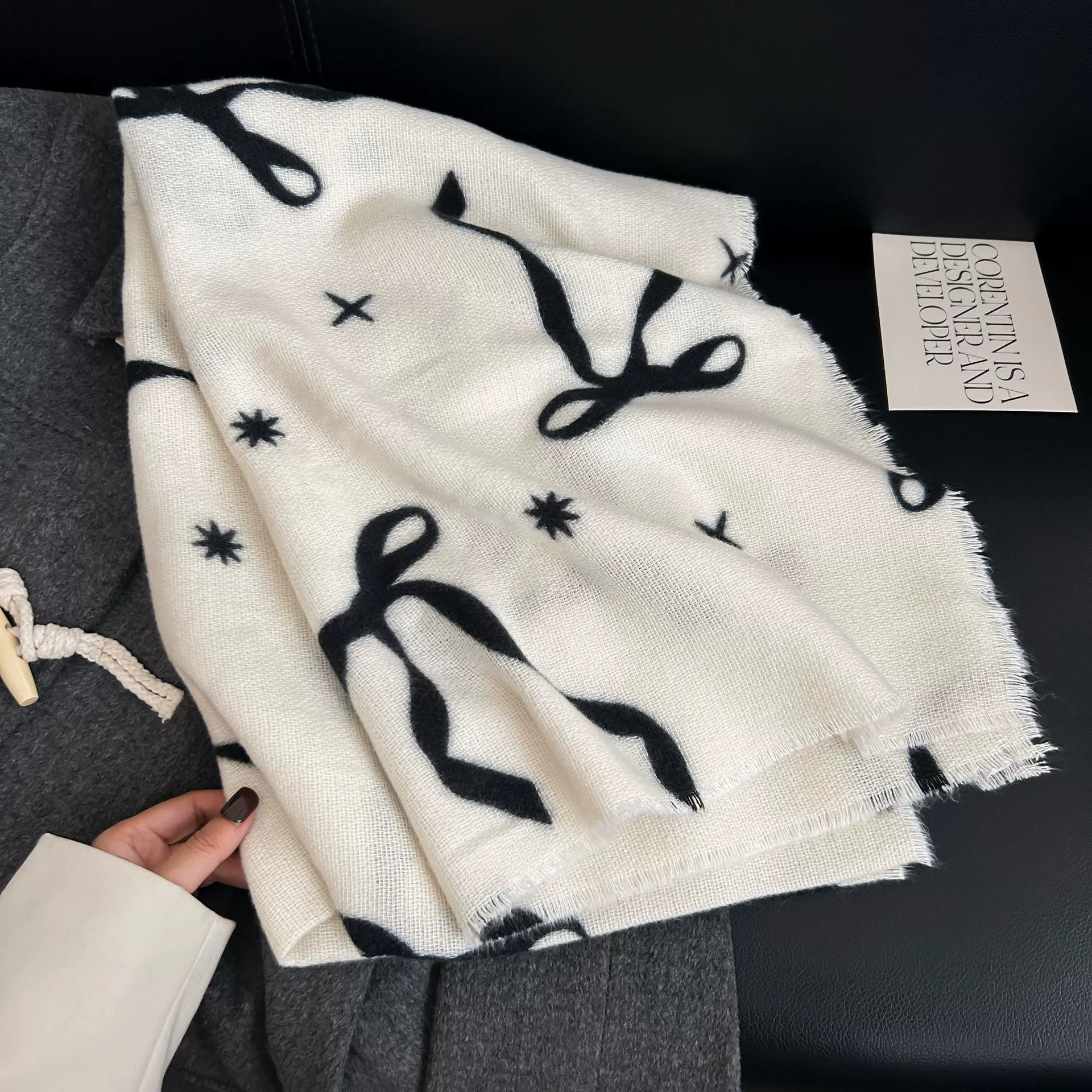 Faux Cashmere Scarf with Bow Print view 6