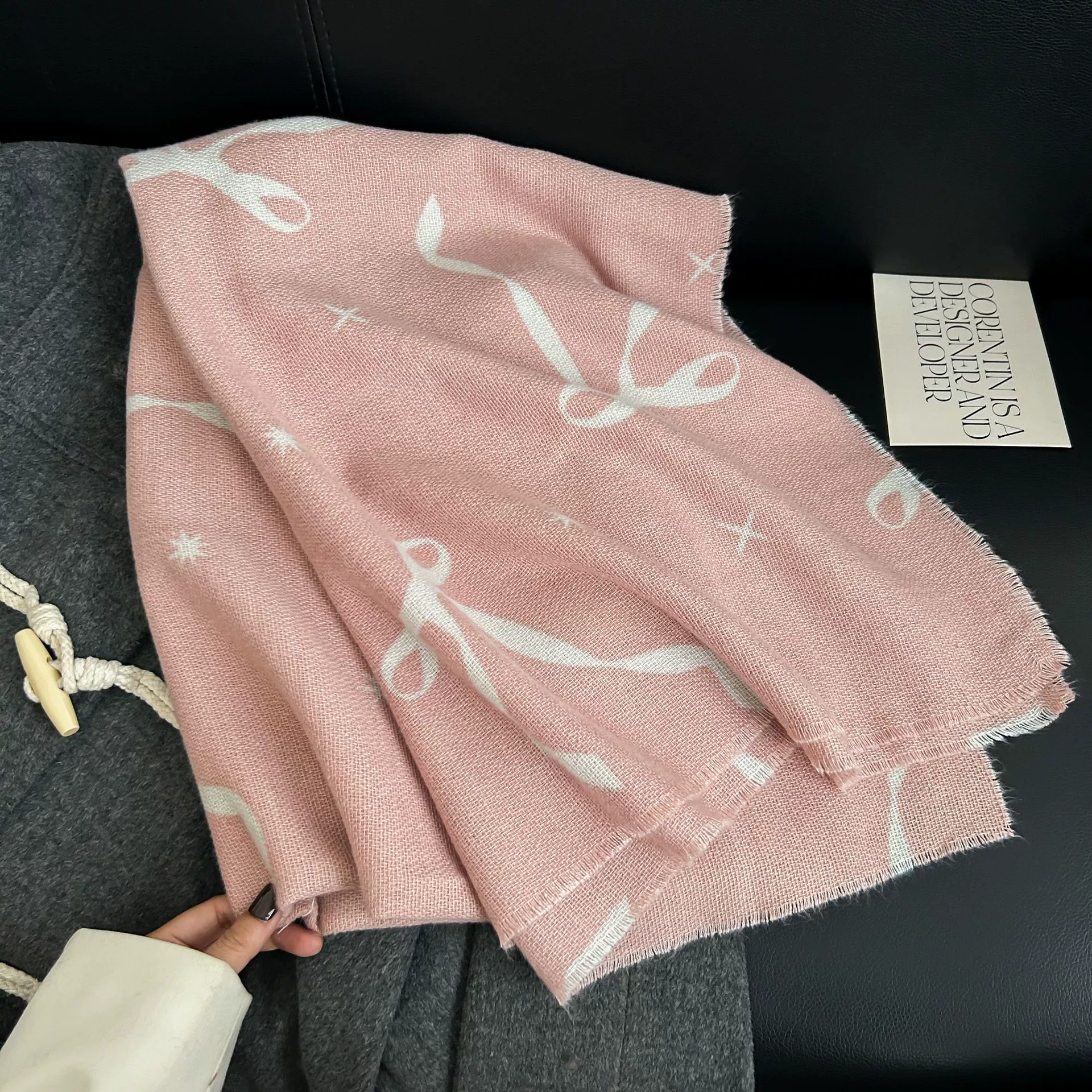 Faux Cashmere Scarf with Bow Print view 7