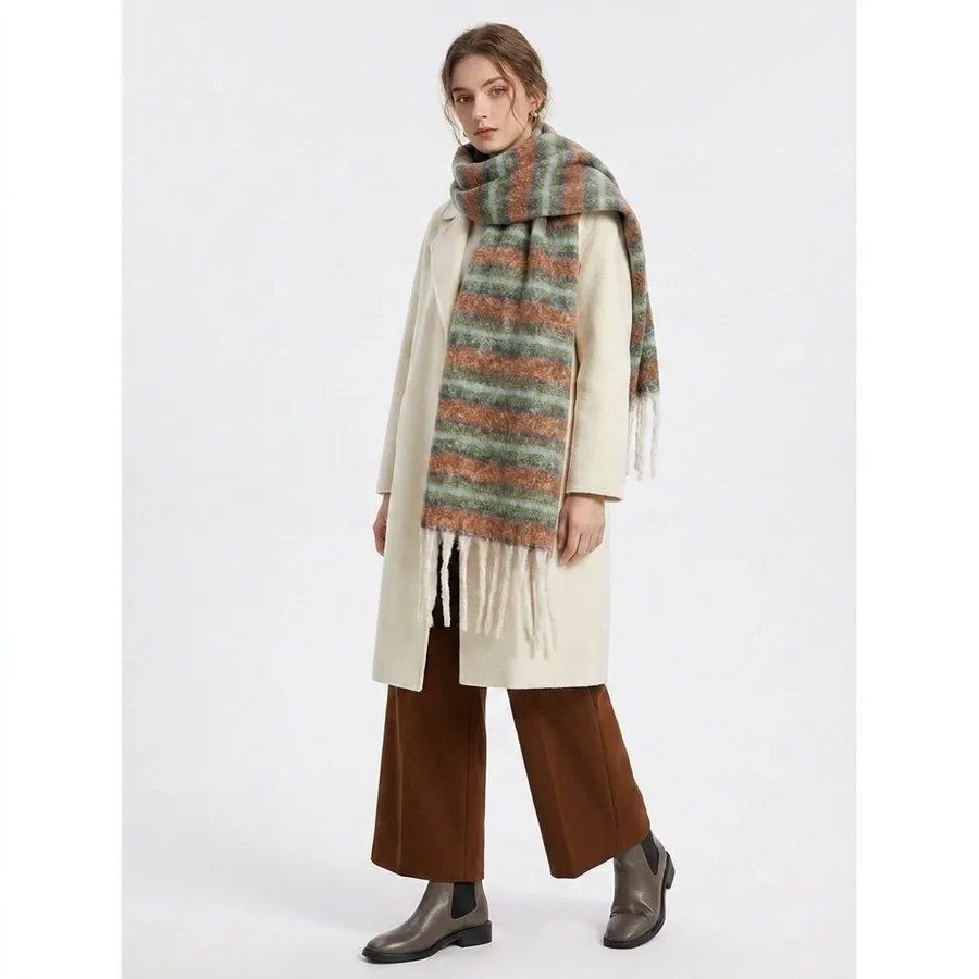 Polyester Mohair Stripe Scarf with Fringe