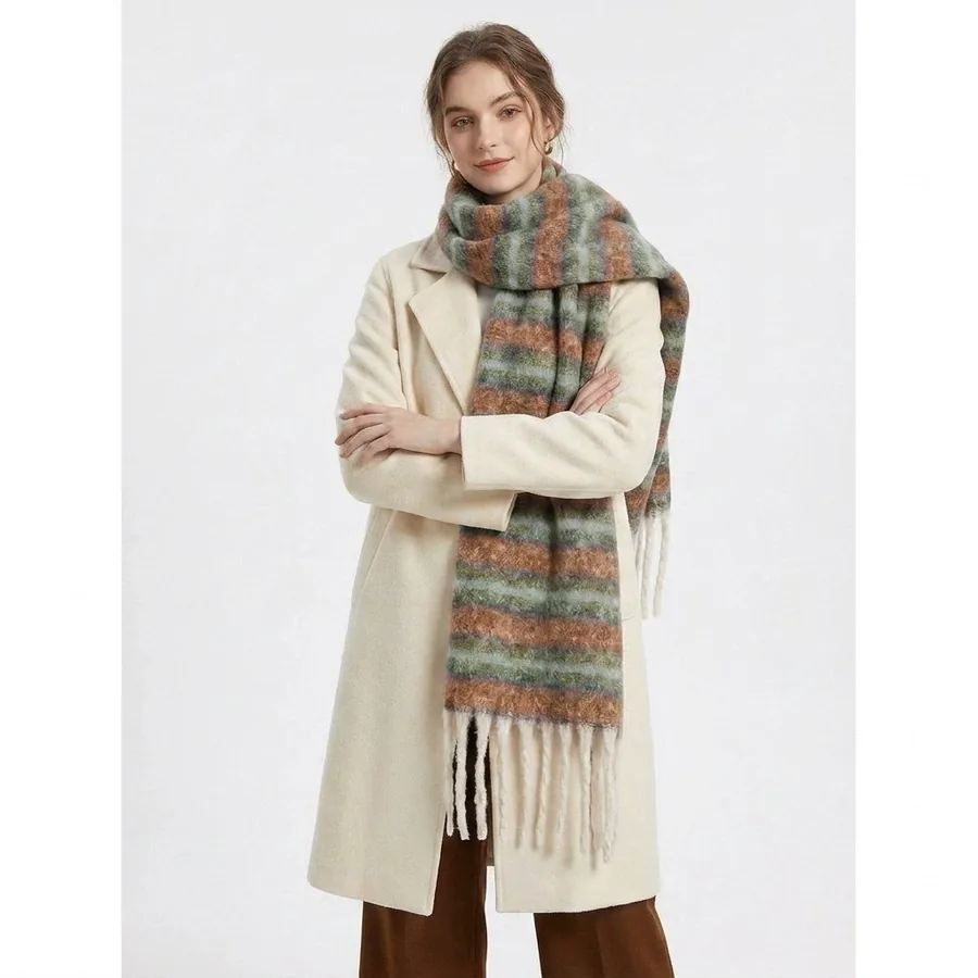 Polyester Mohair Stripe Scarf with Fringe view 2