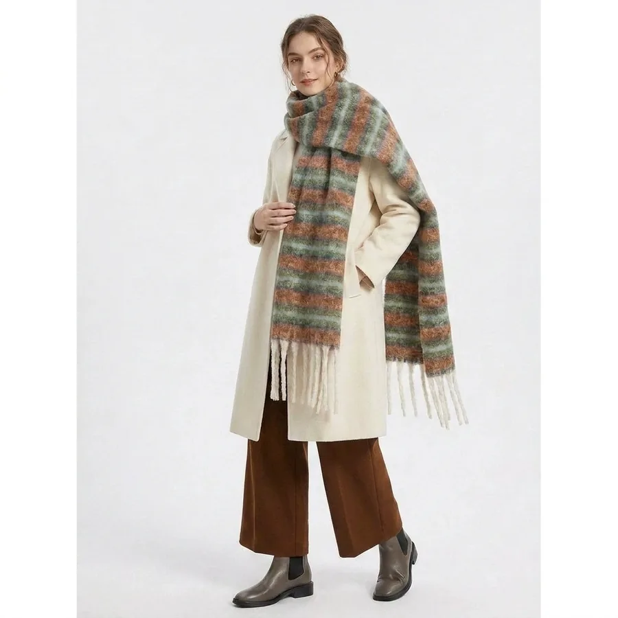 Polyester Mohair Stripe Scarf with Fringe view 3
