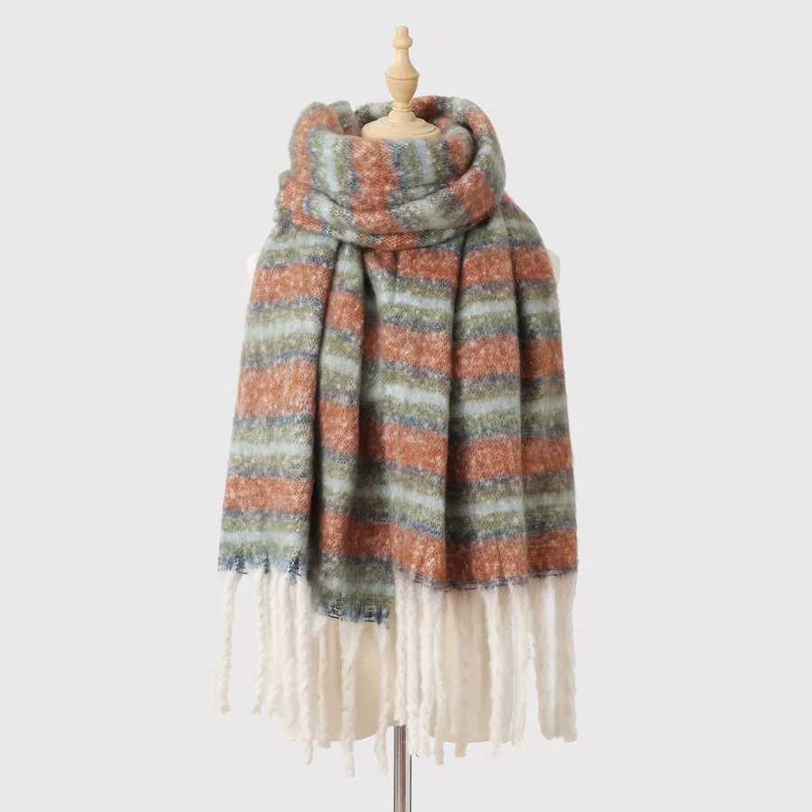 Polyester Mohair Stripe Scarf with Fringe view 9