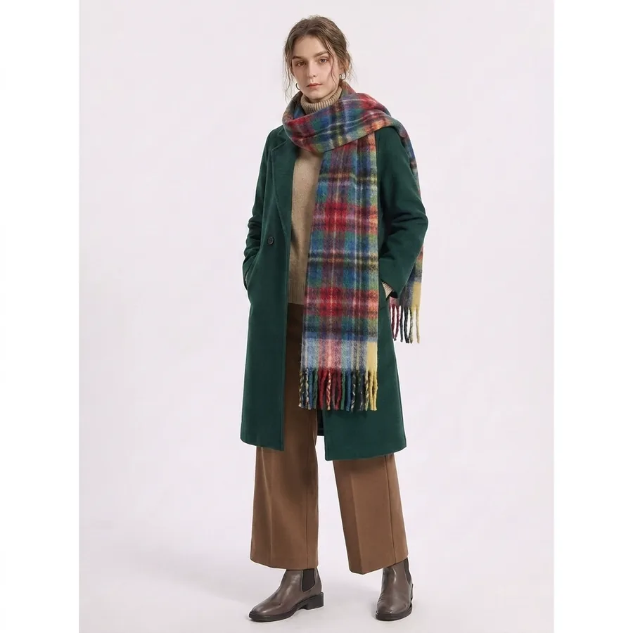 Wool Blend Plaid Scarf with Fringe
