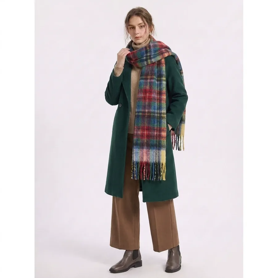 Wool Blend Plaid Scarf with Fringe view 2