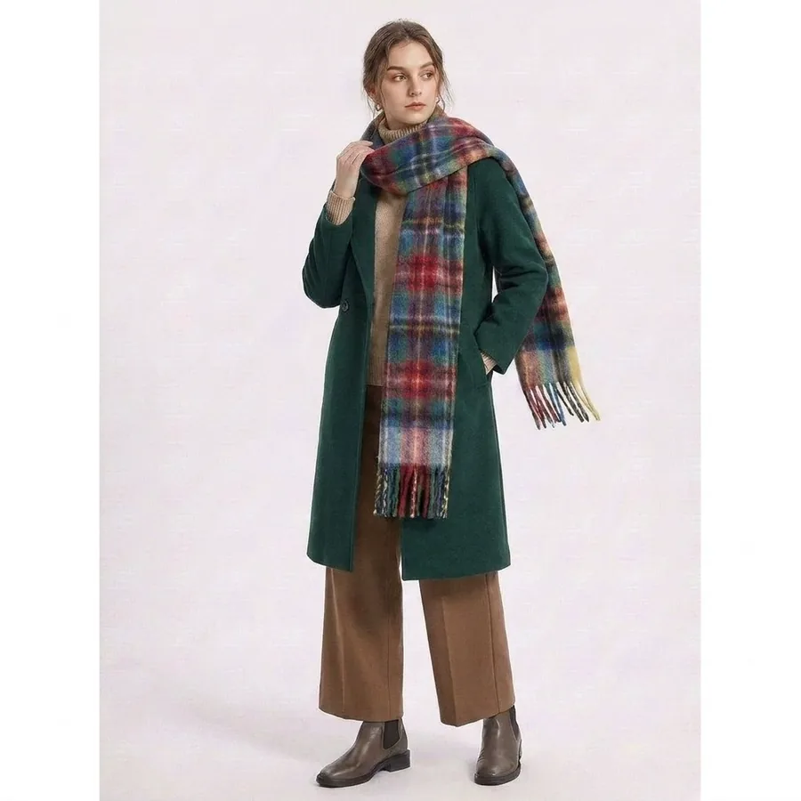 Wool Blend Plaid Scarf with Fringe view 3