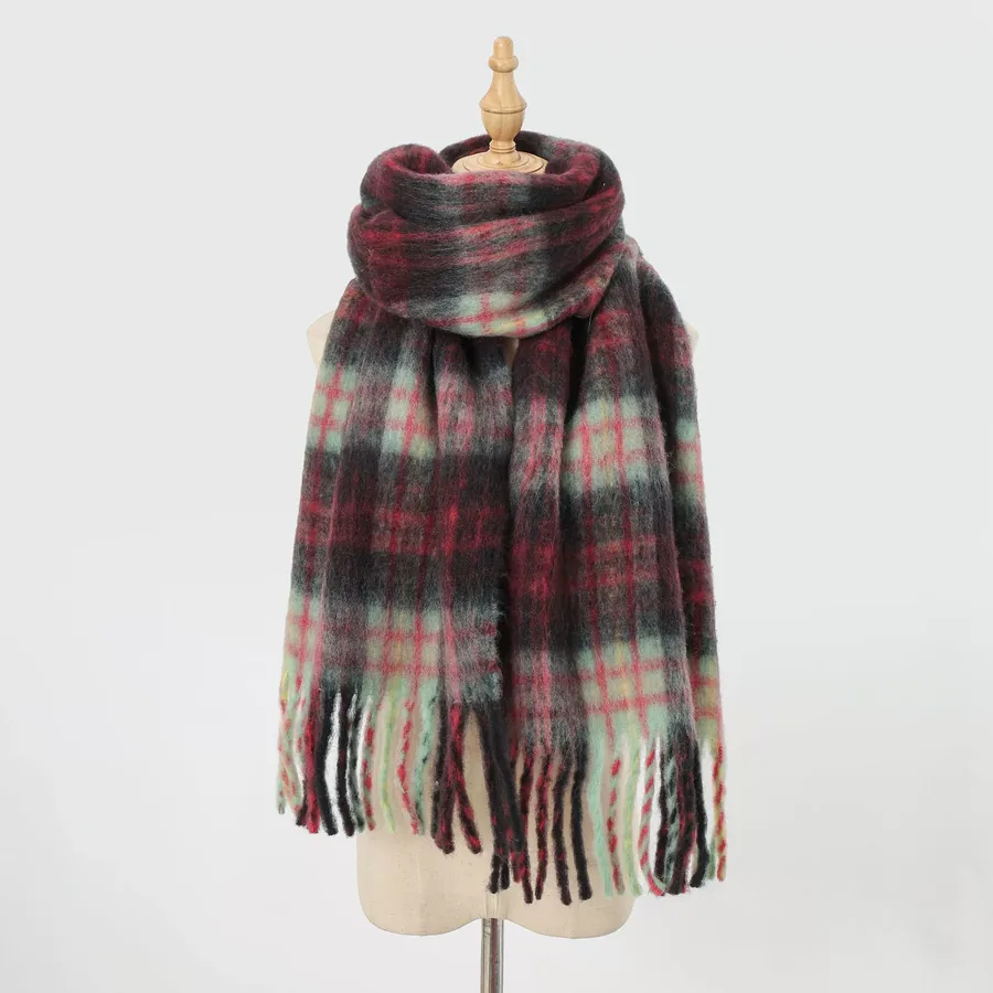 Wool Blend Plaid Scarf with Fringe view 7