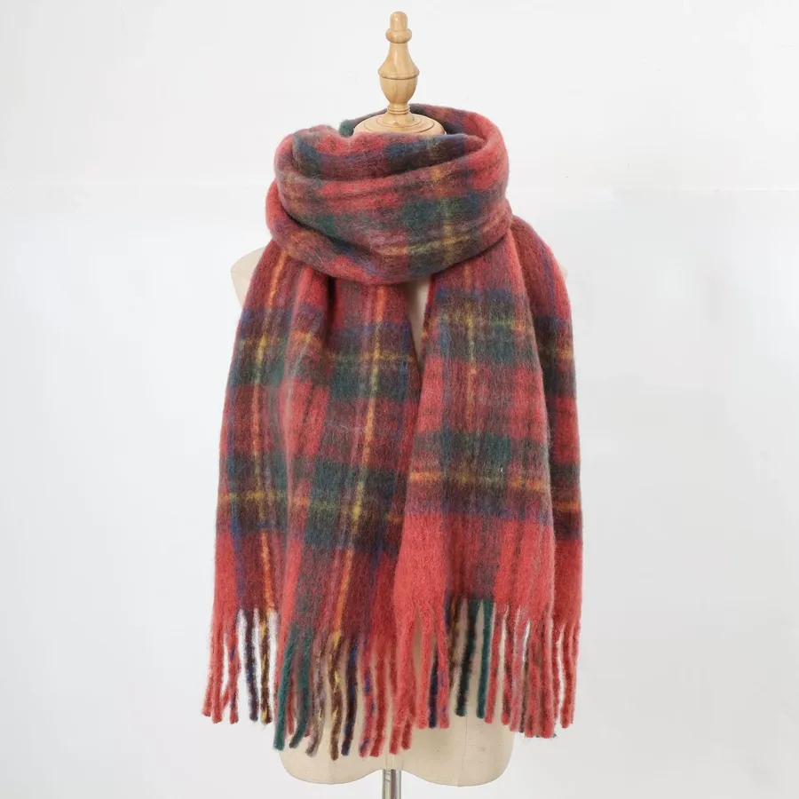 Wool Blend Plaid Scarf with Fringe view 9