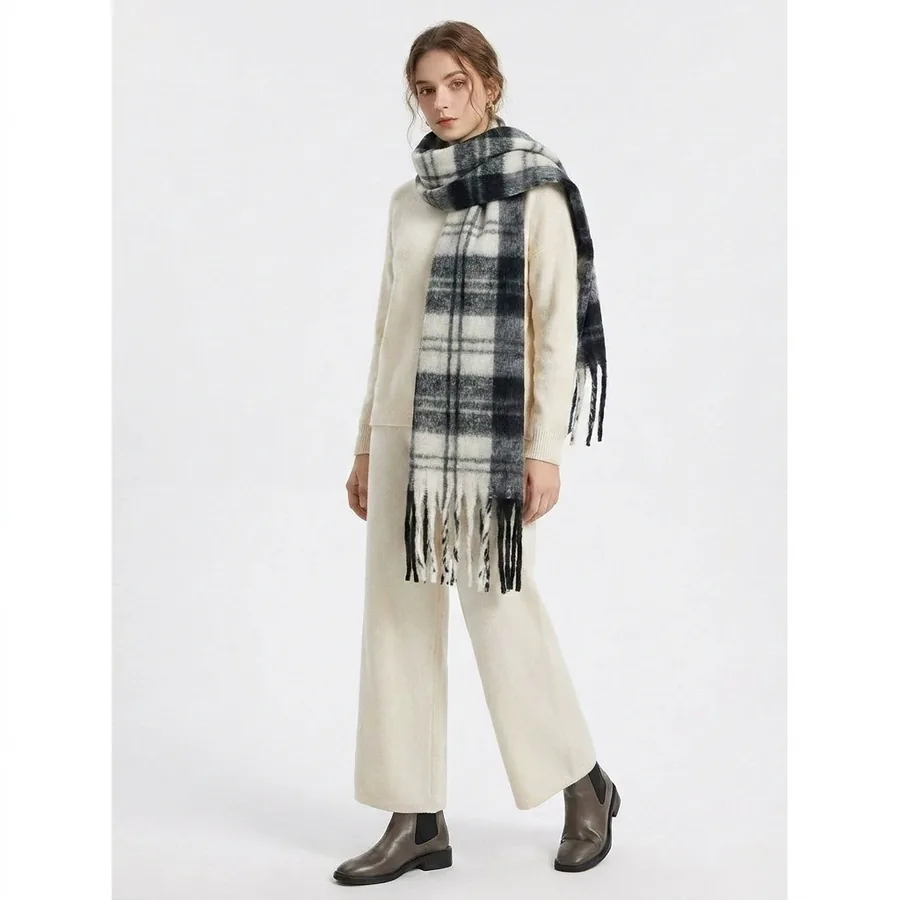 Polyester Mohair Plaid Scarf with Fringe