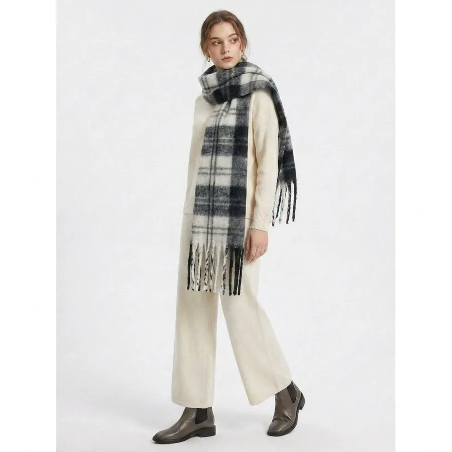 Polyester Mohair Plaid Scarf with Fringe view 2