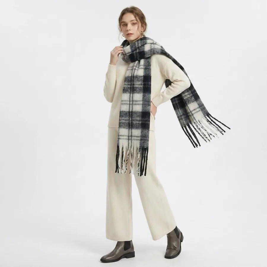 Polyester Mohair Plaid Scarf with Fringe view 3