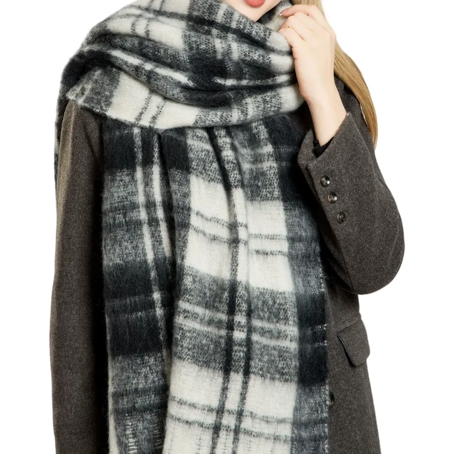 Polyester Mohair Plaid Scarf with Fringe view 4