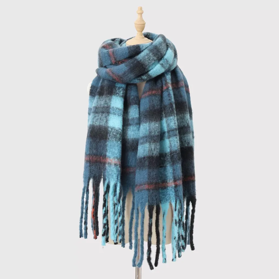 Polyester Mohair Plaid Scarf with Fringe view 6