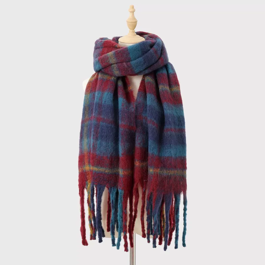 Polyester Mohair Plaid Scarf with Fringe view 7