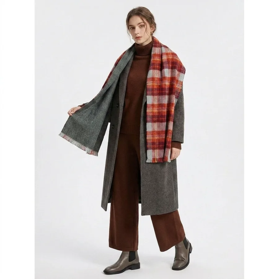 Acrylic Reversible Plaid Scarf with Fringe