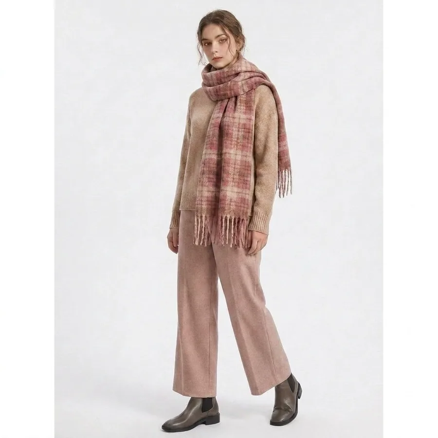 Polyester Plaid Scarf with Fringe