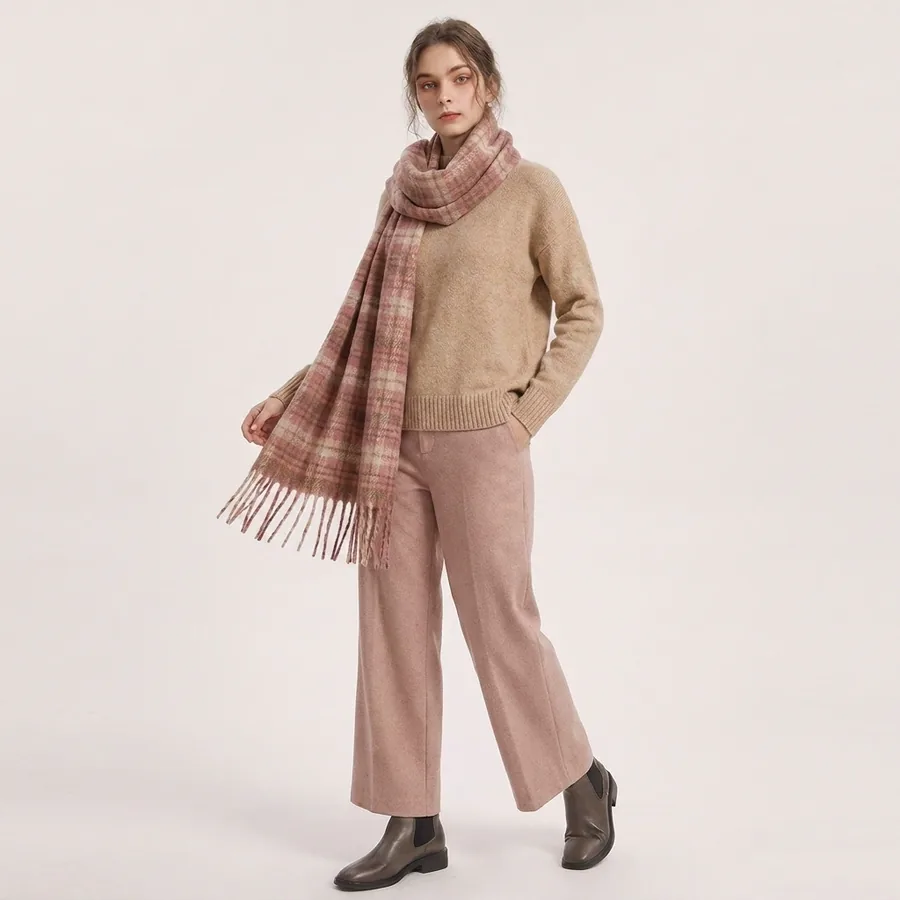 Polyester Plaid Scarf with Fringe view 3