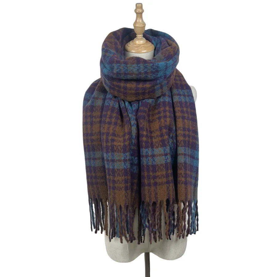 Polyester Plaid Scarf with Fringe view 7