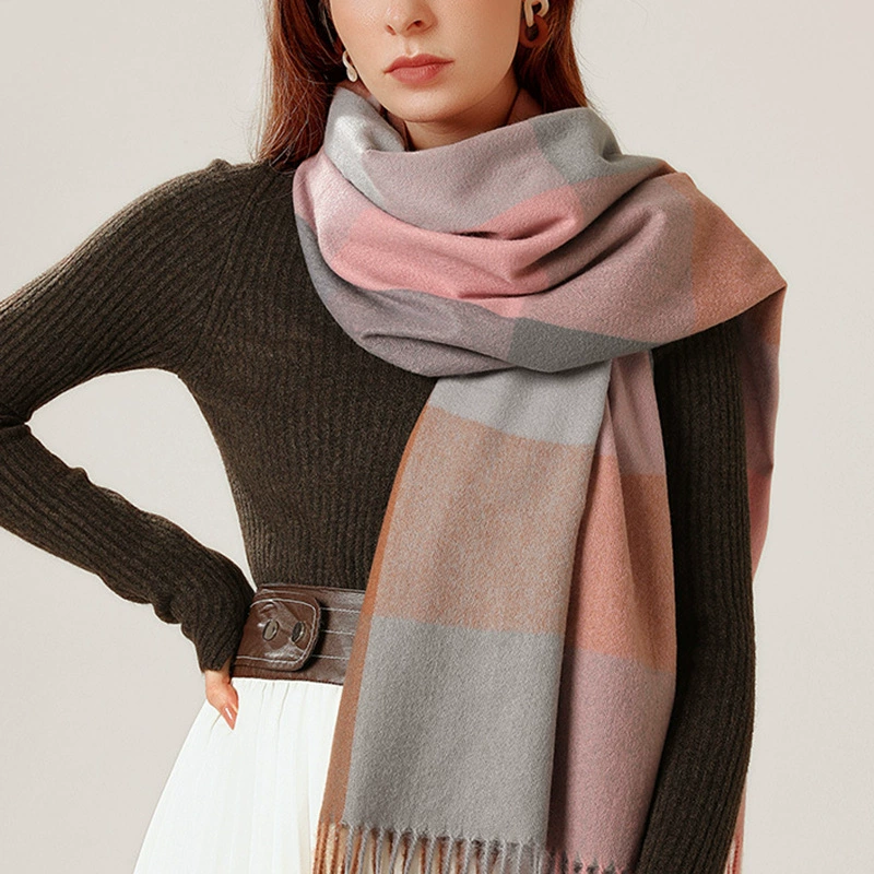Faux Cashmere Plaid Scarf with Fringe