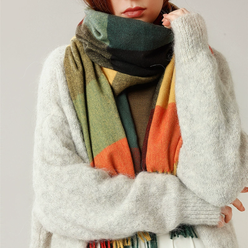 Faux Cashmere Plaid Scarf with Fringe view 4