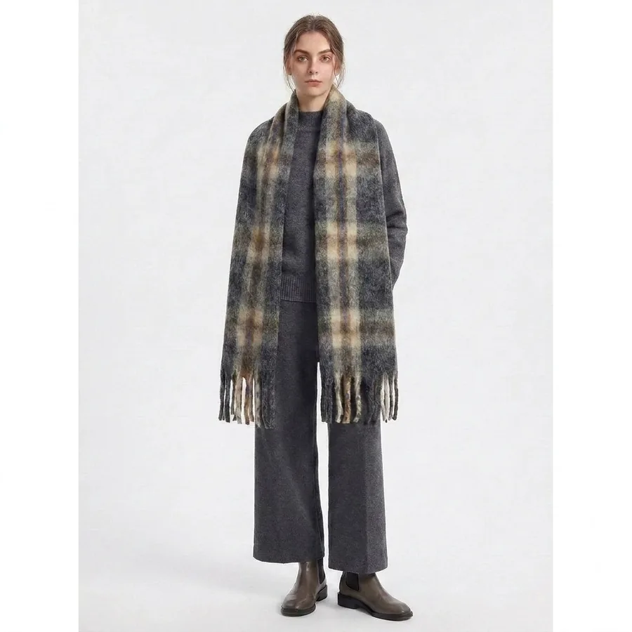 Wool Blend Plaid Scarf with Fringe