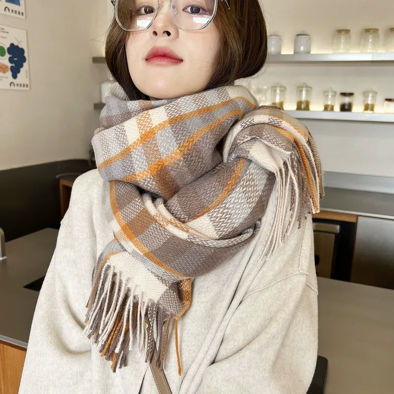 Faux Cashmere Plaid Scarf with Fringe