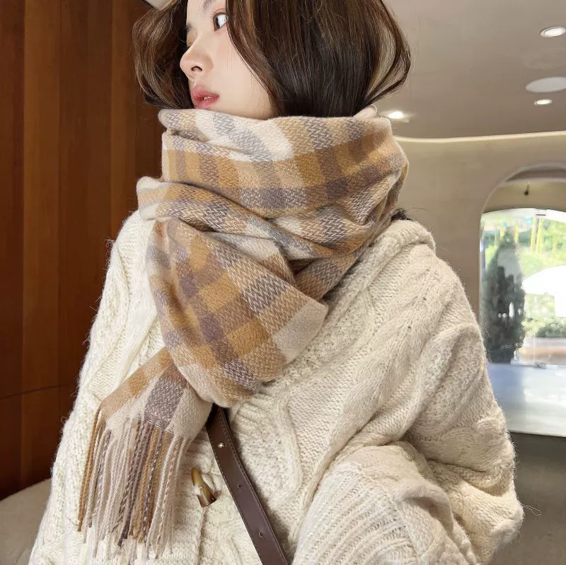 Faux Cashmere Plaid Scarf with Fringe view 2