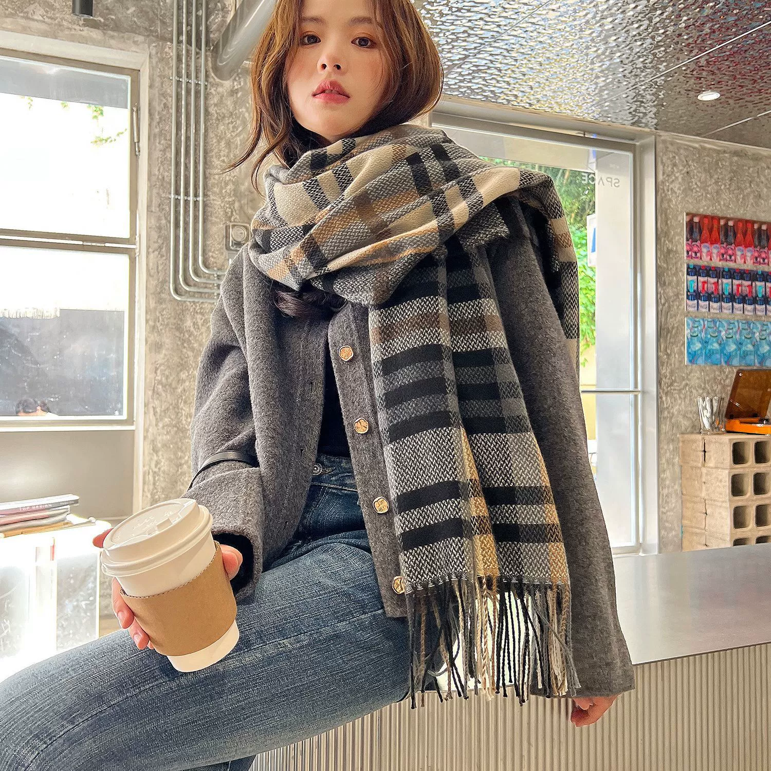 Faux Cashmere Plaid Scarf with Fringe view 3