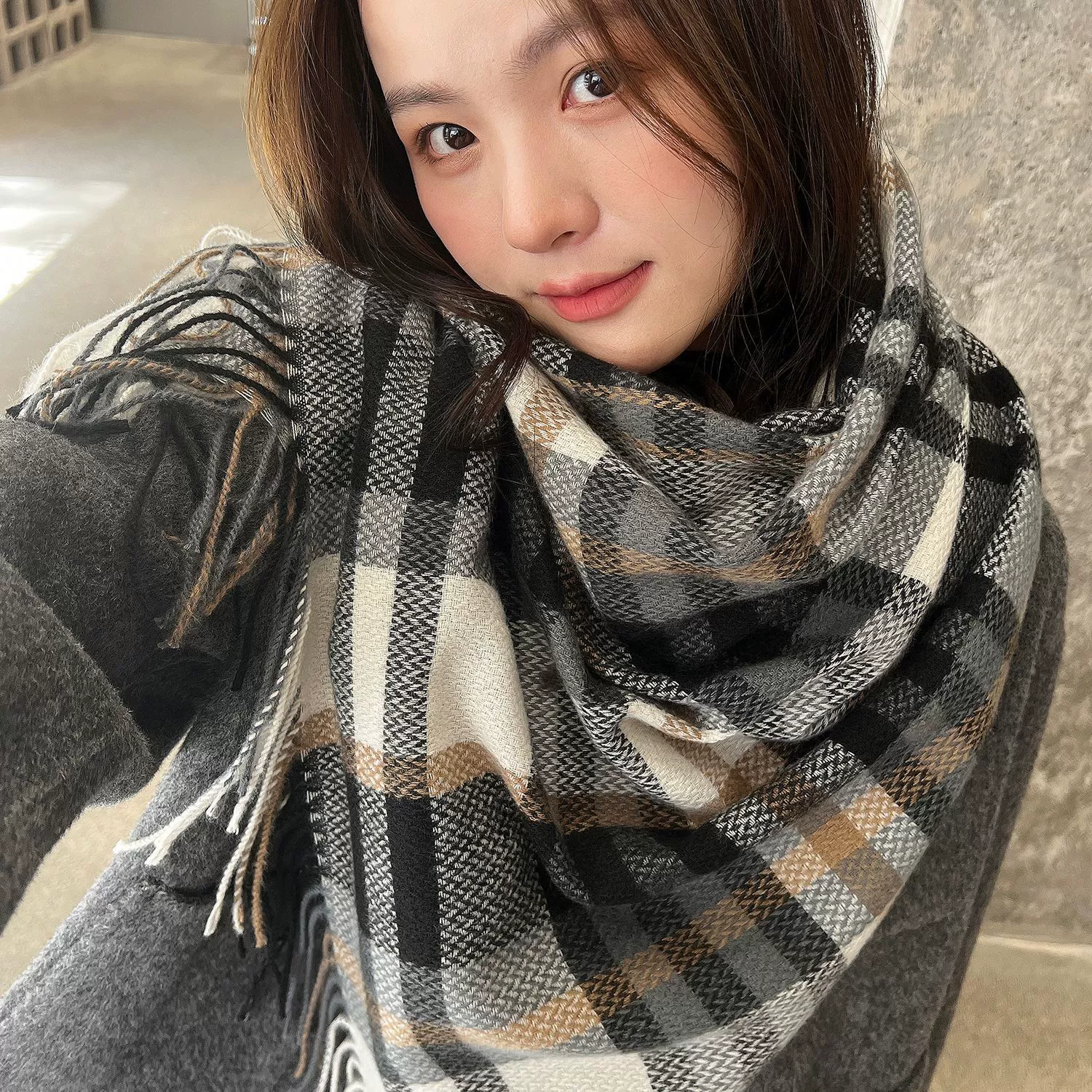 Faux Cashmere Plaid Scarf with Fringe view 4