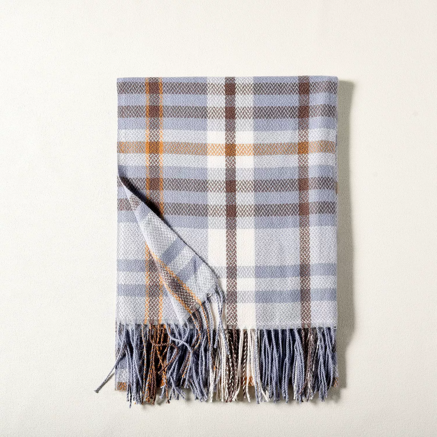 Faux Cashmere Plaid Scarf with Fringe view 7